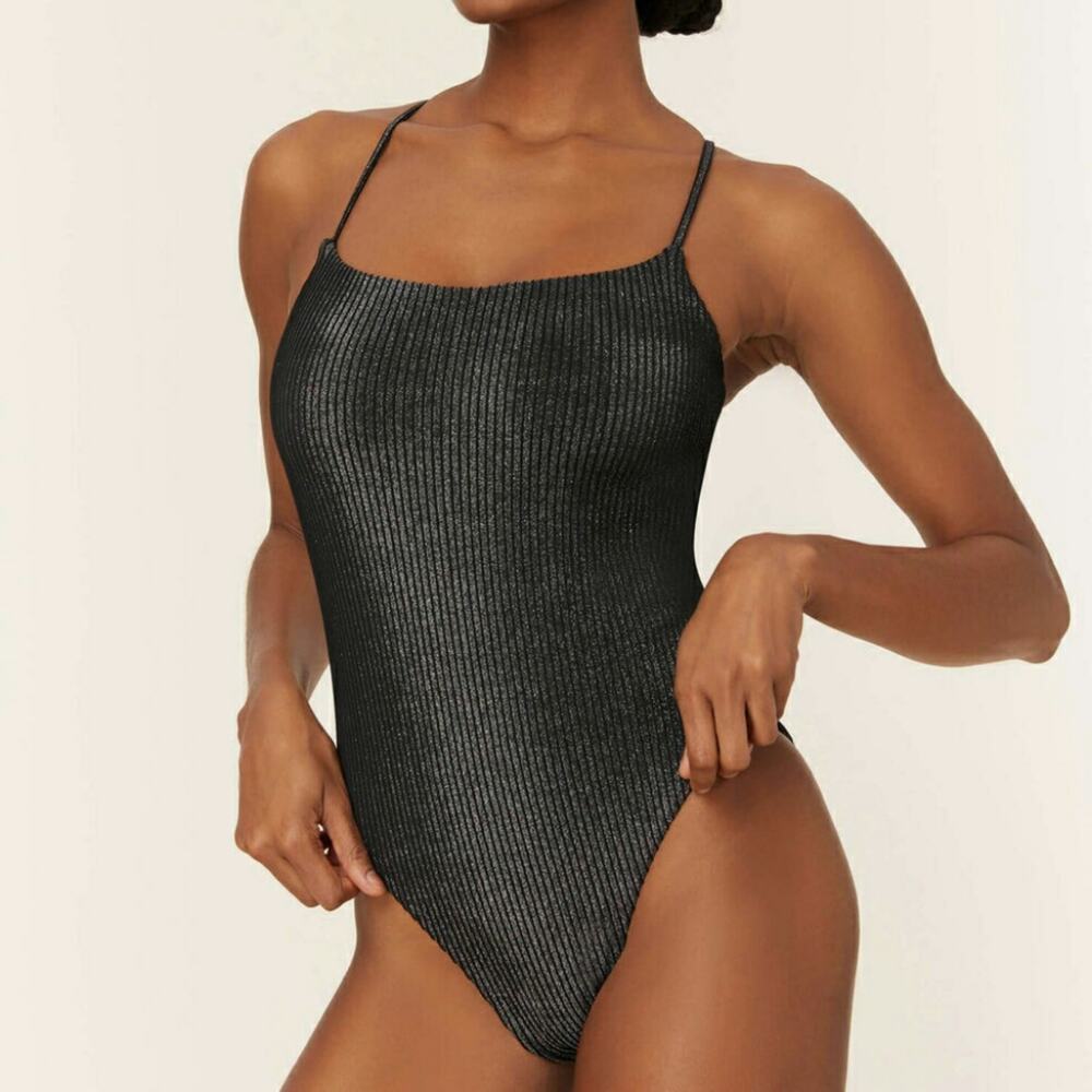 Andie Fiji One Piece Black Glitter Ribbed Strappy Swimwear Bathing Suit XS New